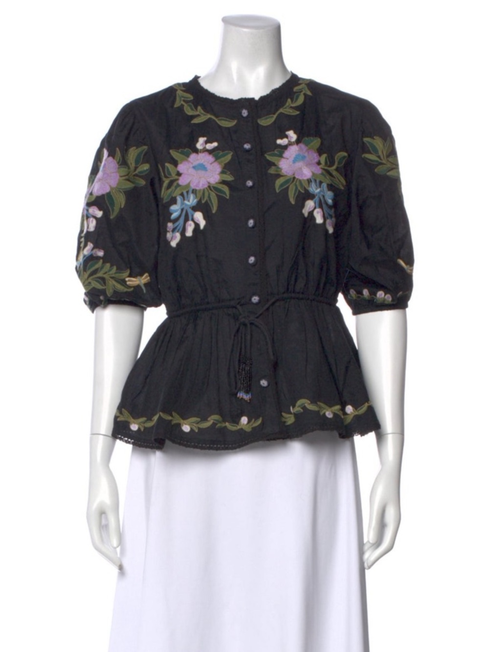 FARM Rio Black Embroidered Floral Peplum Blouse